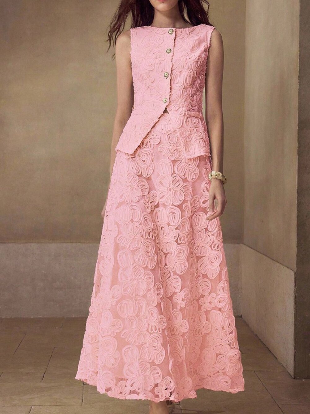 Pink Casual Women's Premium Elegant Jacquard Textured Lace A-Line Long Skirt